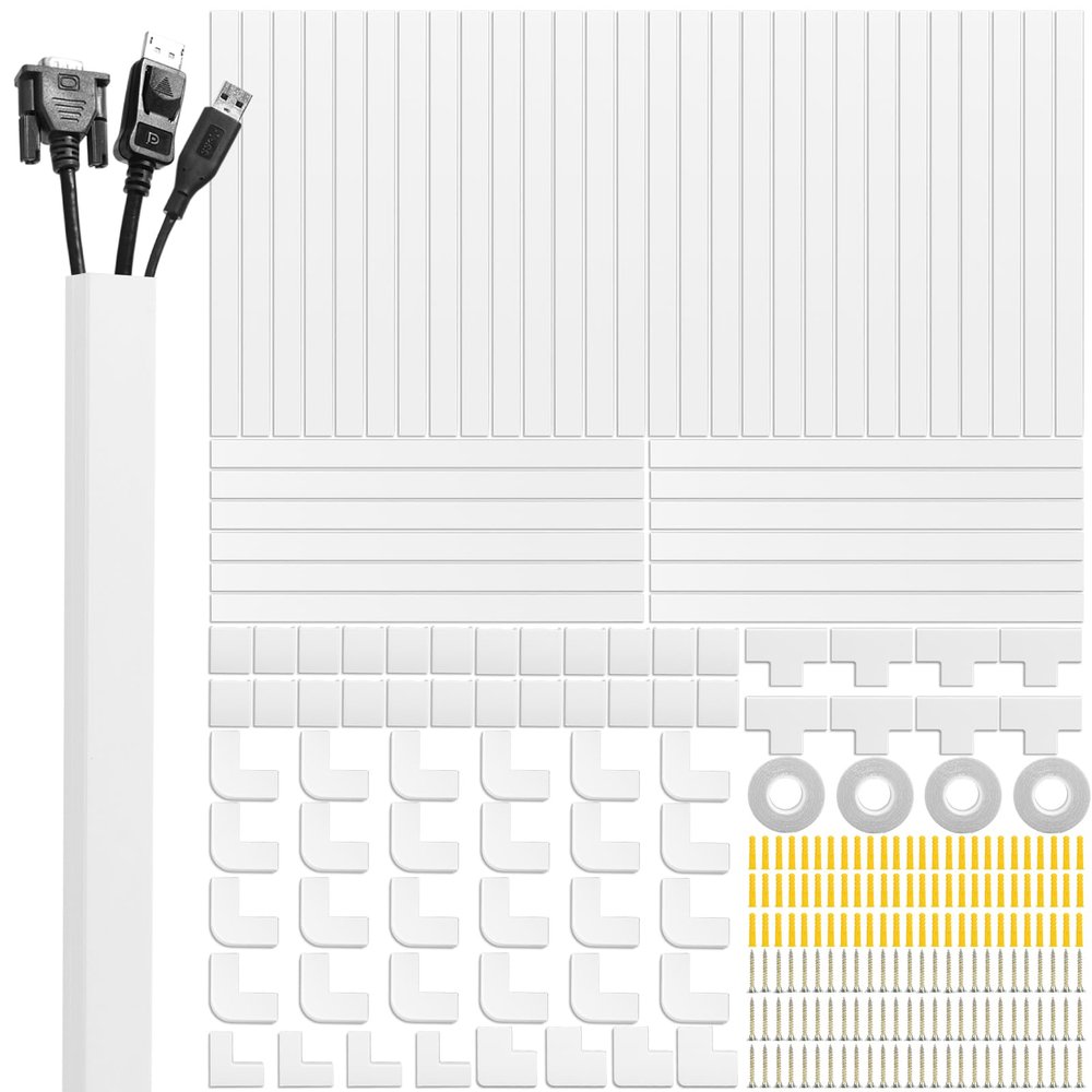 Cord Cover Raceway Kit, 628 in Cable Cover Channel, Paintable Cord Concealer System Cable Hider, Cord Wires, Hiding Wall Mount TV Powers Cords in Home Office, 40 X L15.7in X W0.95in X H0.55in
