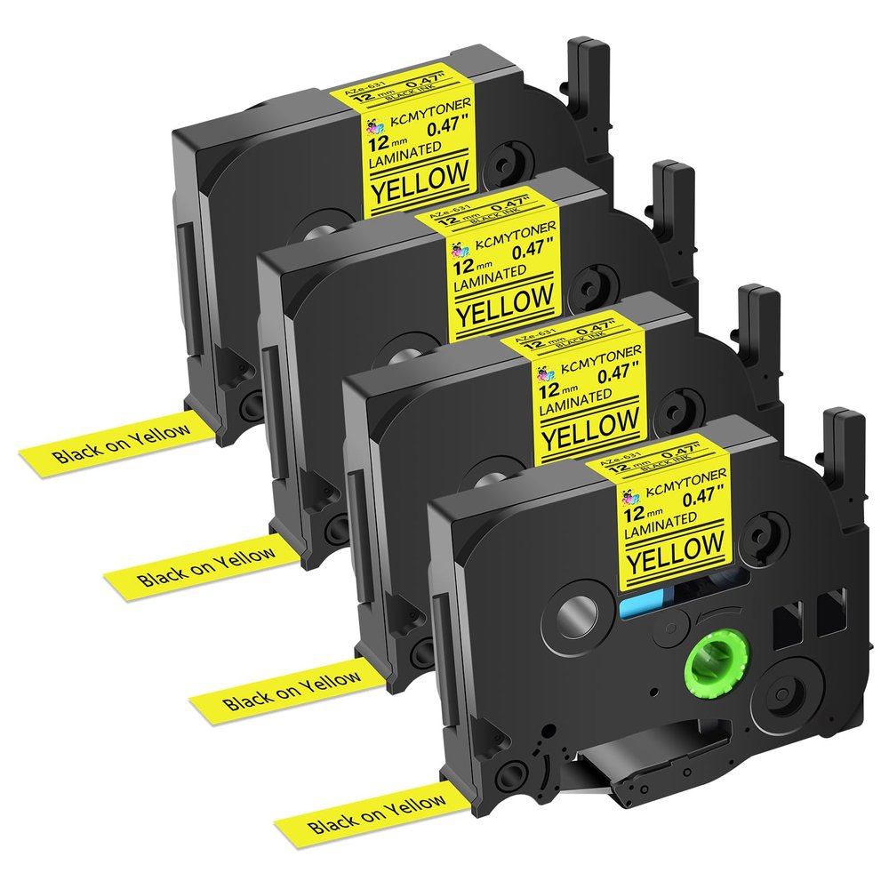 KCMYTONER 4 Pack Compatible for Ptouch TZE631 TZE-631 12mm 0.47 Black on Yellow Laminated Label Tape for PT-1880W PT-1890C PT-1890SC PT-1890W PT-1950 PT-2430PC Label Maker Refills
