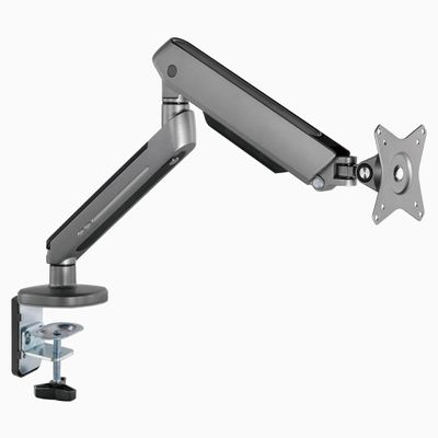 Desky Single LED Monitor Arm  Space Grey, RGB Lighting, Adjustable Gas Spring, VESA 75x75/100x100, Fits 1732" Monitors, 4.419.8 lbs, Clamp/Grommet Mount, Cable Managemen