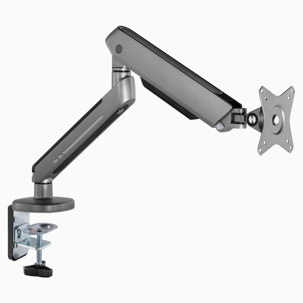 Desky Single LED Monitor Arm  Space Grey, RGB Lighting, Adjustable Gas Spring, VESA 75x75/100x100, Fits 1732" Monitors, 4.419.8 lbs, Clamp/Grommet Mount, Cable Managemen