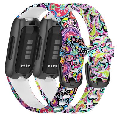 Turnwin (2-Pack Straps Compatible with Fitbit Inspire 3 Strap, Replacement Soft Silicone Wristband Pattern Floral Adjustable Band Bracelet for Inspire 3 for Women Men (Large, Face+Peacock)