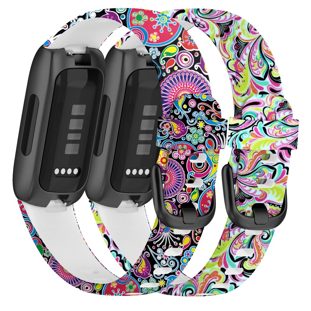 Turnwin (2-Pack Straps Compatible with Fitbit Inspire 3 Strap, Replacement Soft Silicone Wristband Pattern Floral Adjustable Band Bracelet for Inspire 3 for Women Men (Large, Face+Peacock)