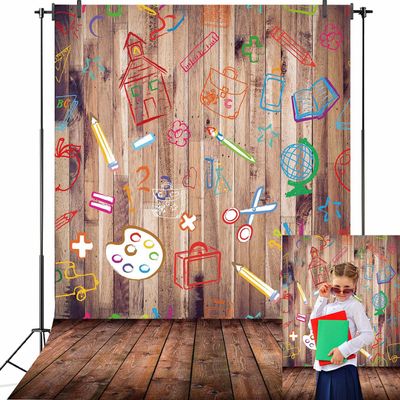 2025 Back to School Backdrop for Photography 5X7FT Hand Painted Pencils House Books on Vintage Retro Wood Floor Background for Kids Party Decorations Photoshoot Studio Props