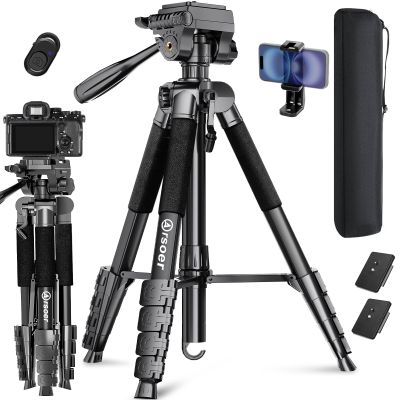 Camera Tripod, 74" DSLR Camera Tripod with 2 QR Plates for Sony/Nikon/Canon, Lightweight Video Tripod Stand for Travelling, Phone Tripod with Fluid Head/Phone Holder/Wireless Remote Max.Load 6kg