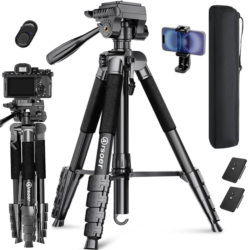 Camera Tripod, 74" DSLR Camera Tripod with 2 QR Plates for Sony/Nikon/Canon, Lightweight Video Tripod Stand for Travelling, Phone Tripod with Fluid Head/Phone Holder/Wireless Remote Max.Load 6kg