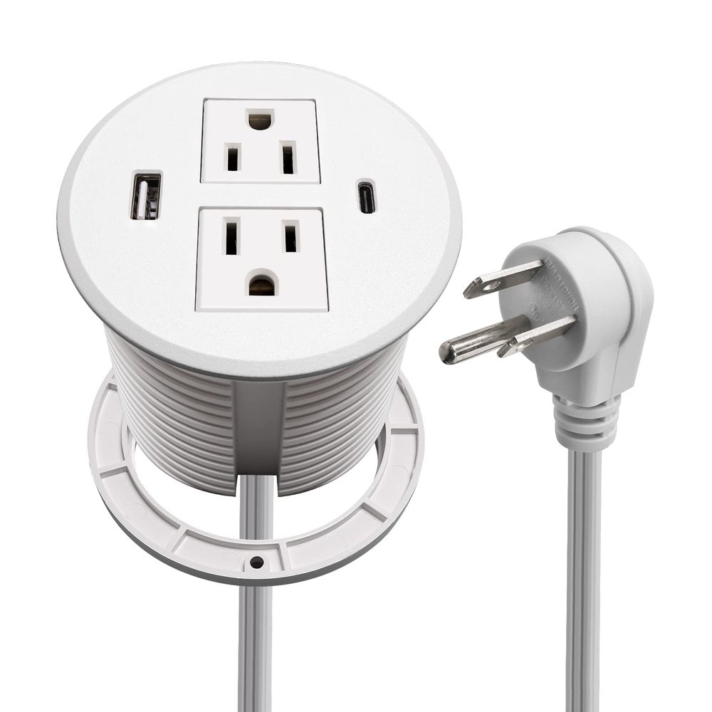 Desk Power Grommet USB C Total 30W, 3.15 Inch PD Fast Charge Desktop Power Strip 2 Outlets 2 USB Ports Recessed Flat Plug Extension Cord Mount into Countertop Shelf Cabinet End Table. (White)