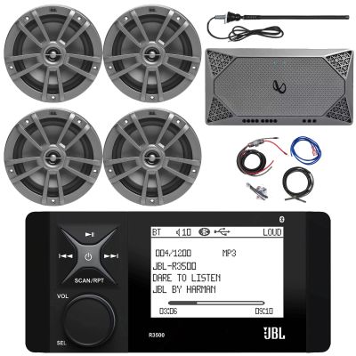 Marine Bluetooth AM/FM Radio Stereo LCD Digital Media Receiver Bundle with 4X 6.5 180W 2-Way Marine Gray Speakers, 4-Channel Compact Boat Amplifier, Amp Wiring Kit, Black Radio Antenna
