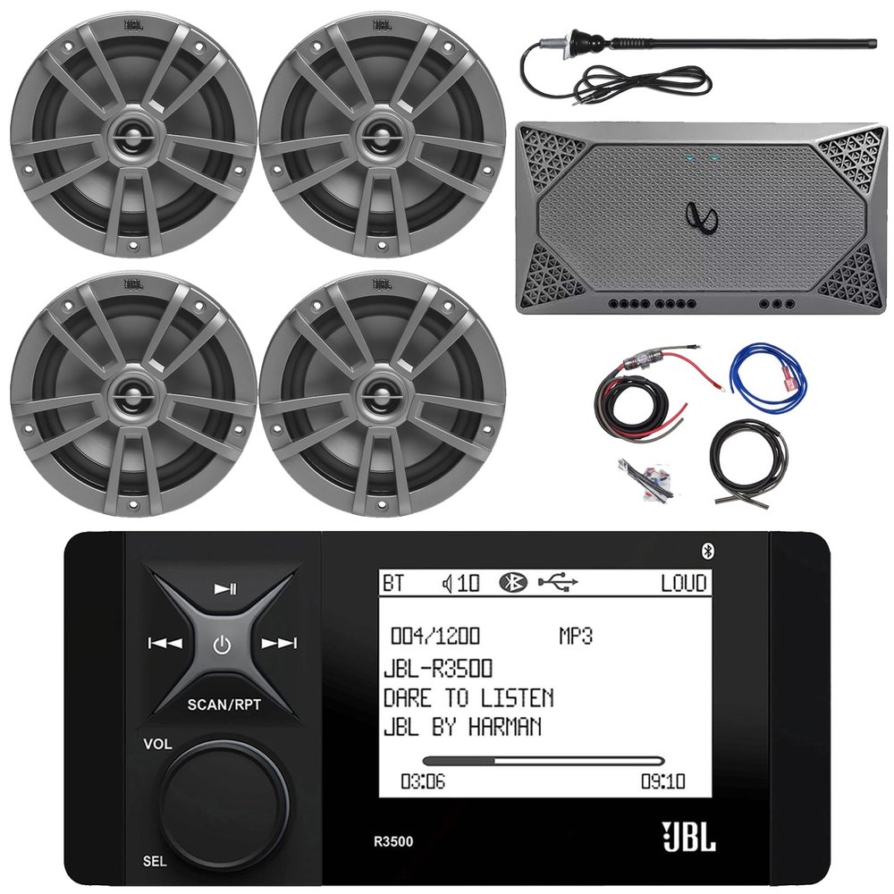 Marine Bluetooth AM/FM Radio Stereo LCD Digital Media Receiver Bundle with 4X 6.5 180W 2-Way Marine Gray Speakers, 4-Channel Compact Boat Amplifier, Amp Wiring Kit, Black Radio Antenna