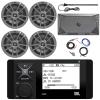 Marine Bluetooth AM/FM Radio Stereo LCD Digital Media Receiver Bundle with 4X 6.5 180W 2-Way Marine Gray Speakers, 4-Channel Compact Boat Amplifier, Amp Wiring Kit, Black Radio Antenna view 1