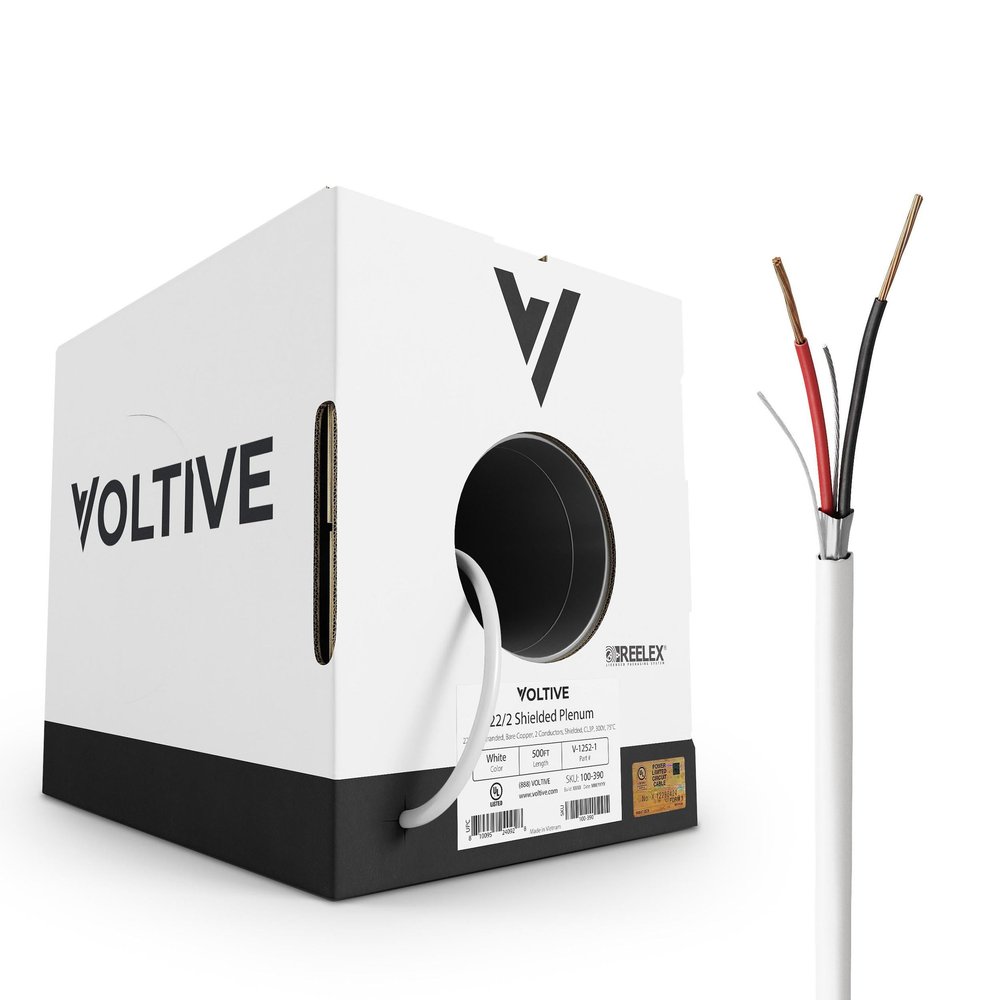 Voltive 22/2 Shielded Low Voltage Wire, Plenum CL3P, White, 500ft - 22AWG, 2 Conductors, Overall Shield, Stranded Bare Copper, UL Listed - V-1252-1