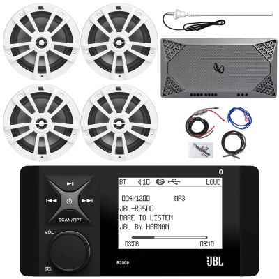 Marine Bluetooth AM/FM Radio Stereo LCD Digital Media Receiver Bundle with 4X 6.5 180W 2-Way Marine White Speakers, 4-Channel Compact Boat Amplifier, Amp Wiring Kit, White Radio Antenna