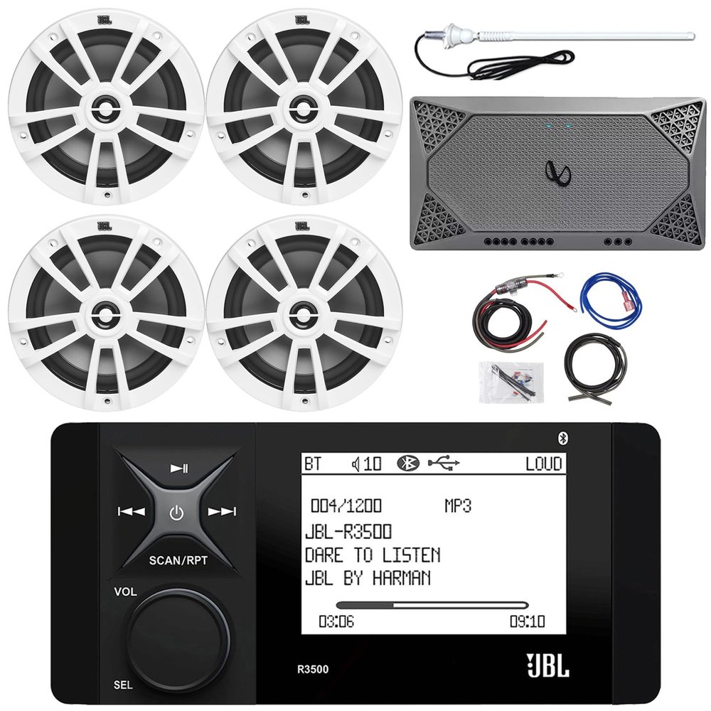Marine Bluetooth AM/FM Radio Stereo LCD Digital Media Receiver Bundle with 4X 6.5 180W 2-Way Marine White Speakers, 4-Channel Compact Boat Amplifier, Amp Wiring Kit, White Radio Antenna