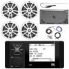 Marine Bluetooth AM/FM Radio Stereo LCD Digital Media Receiver Bundle with 4X 6.5 180W 2-Way Marine White Speakers, 4-Channel Compact Boat Amplifier, Amp Wiring Kit, White Radio Antenna view 1