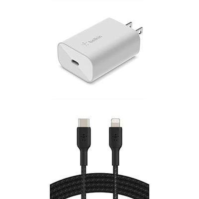Bundle of Belkin 25 W Wall Charger - Power Delivery - PPS Fast Charging for Samsung Galaxy S23 S22 Ultra, Note10, Note9, Pixel 7, Pixel 6, iPad, AirPods & More + Belkin 3.3ft USB-C to Lightning Cable