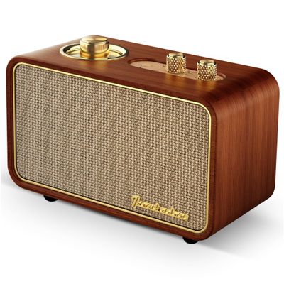 TRENBADER Vintage Bluetooth Speaker with AM/FM Radio, 10W Rich Bass & 10H Playtime, Portable Wireless Retro Radio with Wood Frame, Rotary Tuning Dial & Interchangeable Panel, Portable Home Radio(Wood)
