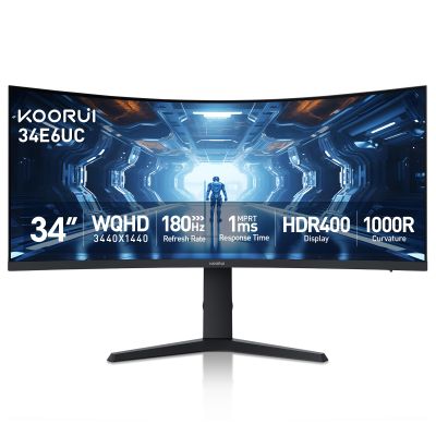 KOORUI 34-inch Curved Ultrawide WQHD 34401440 Gaming Monitor, 180Hz 1000R- PIP/PBP, 1ms(MPRT), HDR400, DCI-P3 95%, FreeSync Premium, 1 x DP 1.4 & 2 x HDMI 2.0, Tilt Height Swivel Adjustment, 34E6UC