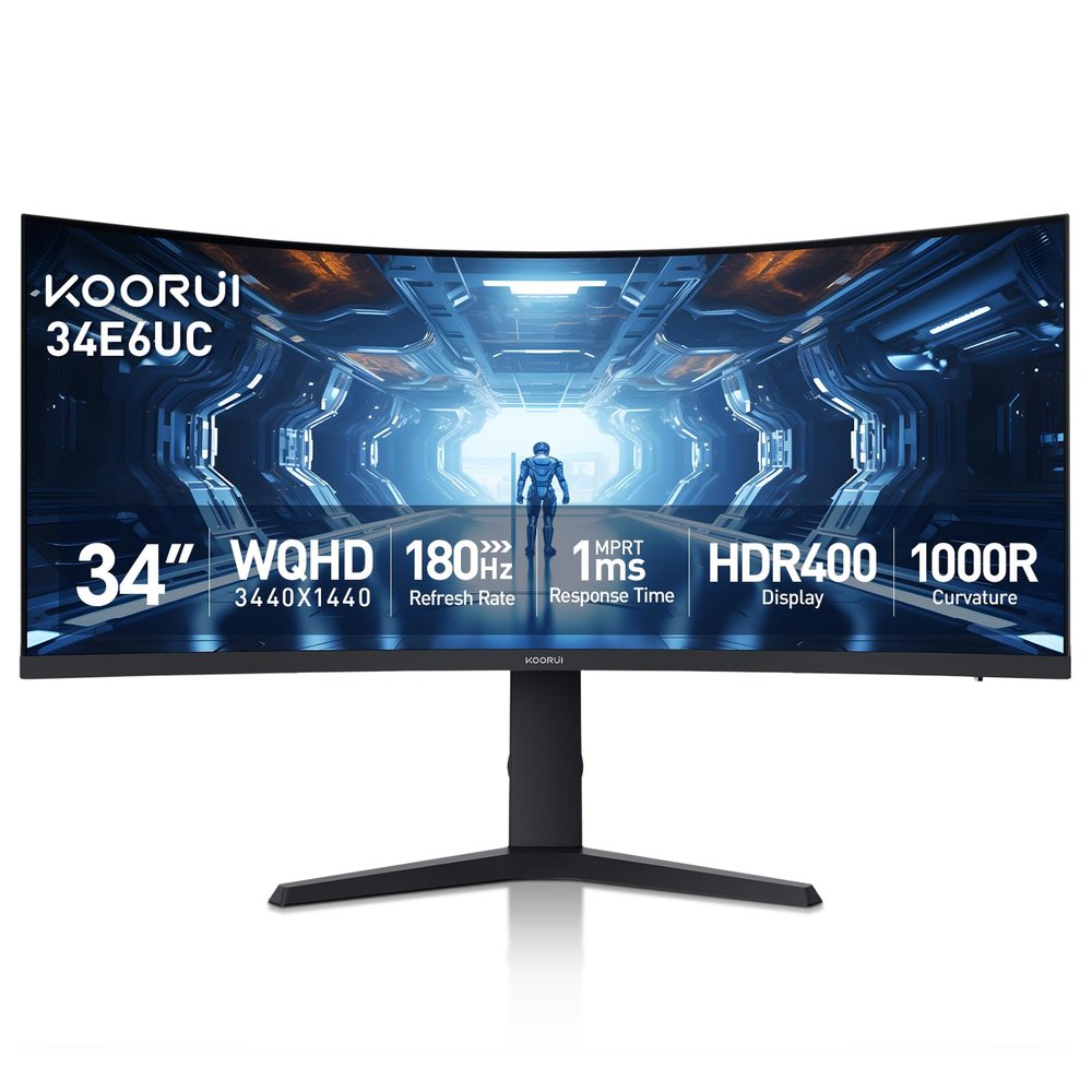 KOORUI 34-inch Curved Ultrawide WQHD 34401440 Gaming Monitor, 180Hz 1000R- PIP/PBP, 1ms(MPRT), HDR400, DCI-P3 95%, FreeSync Premium, 1 x DP 1.4 & 2 x HDMI 2.0, Tilt Height Swivel Adjustment, 34E6UC