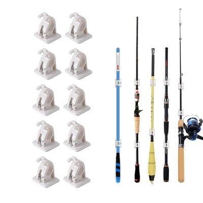 Fishing Rod Clips with Screws, Wall Mounted Rod Clips for Fishing Poles, 10Pcs Fishing Pole/Cue/Curtain Rod Holder Clips Storage Rack, Fishing Rod Storage Clips Clamps Organizer Brackets (White)