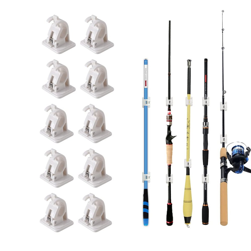 Fishing Rod Clips with Screws, Wall Mounted Rod Clips for Fishing Poles, 10Pcs Fishing Pole/Cue/Curtain Rod Holder Clips Storage Rack, Fishing Rod Storage Clips Clamps Organizer Brackets (White)