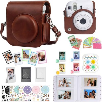 CAIYOULE Accessories for Fujifilm Instax Mini 12 Instant Camera Bundle Include PU Leather 12 Case, Mini Picture Album, Frames, DIY Stickers, Color Filter (No Camera) - Brown