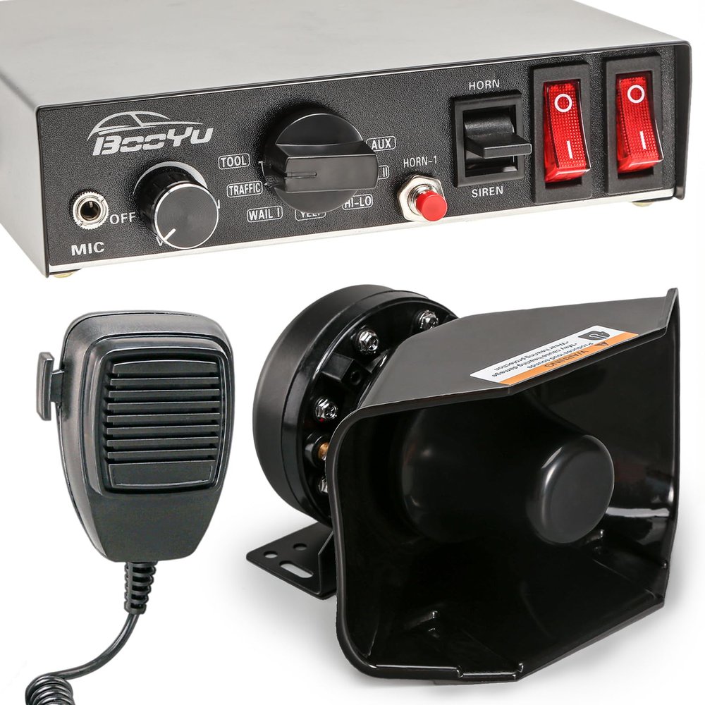 BooYu 9 Tone 12V 200W Warning Emergency Police Siren PA System [180 Loud Speaker][Handheld Microphone][Hands-Free][125-135dB][2 x 10A Switches] for Firefighter Ambulance Vehicles Truck SUV ATV UTV