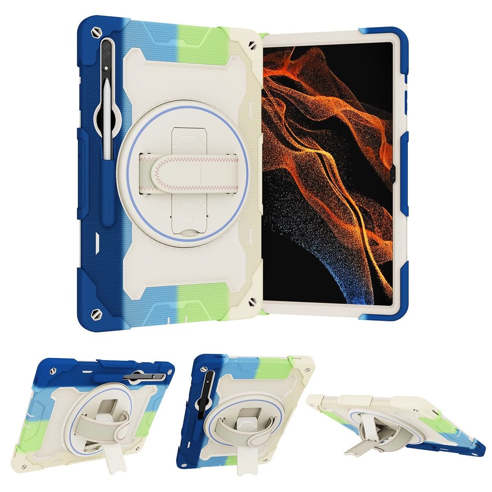 Case Cover Kids Case Compatible with Samsung Galaxy Tab S8 Ultra 14.6" (SM-X900/ X906),Multi-Angle Elastic Bracket+360 Adjustable Swivel Hand Strap Three-in-one Shatter-Resistant Shell, Drop-Proof,Sh