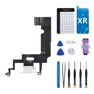CYKJGS for iPhone XR Charging Port Replacement OEM Headphone Audio Jack Flex Cable USB Charge Dock Connector Assembly Microphone Antanna Repair Tool Kit Magnetic Pad White A1984 A2105 A2106 A2108