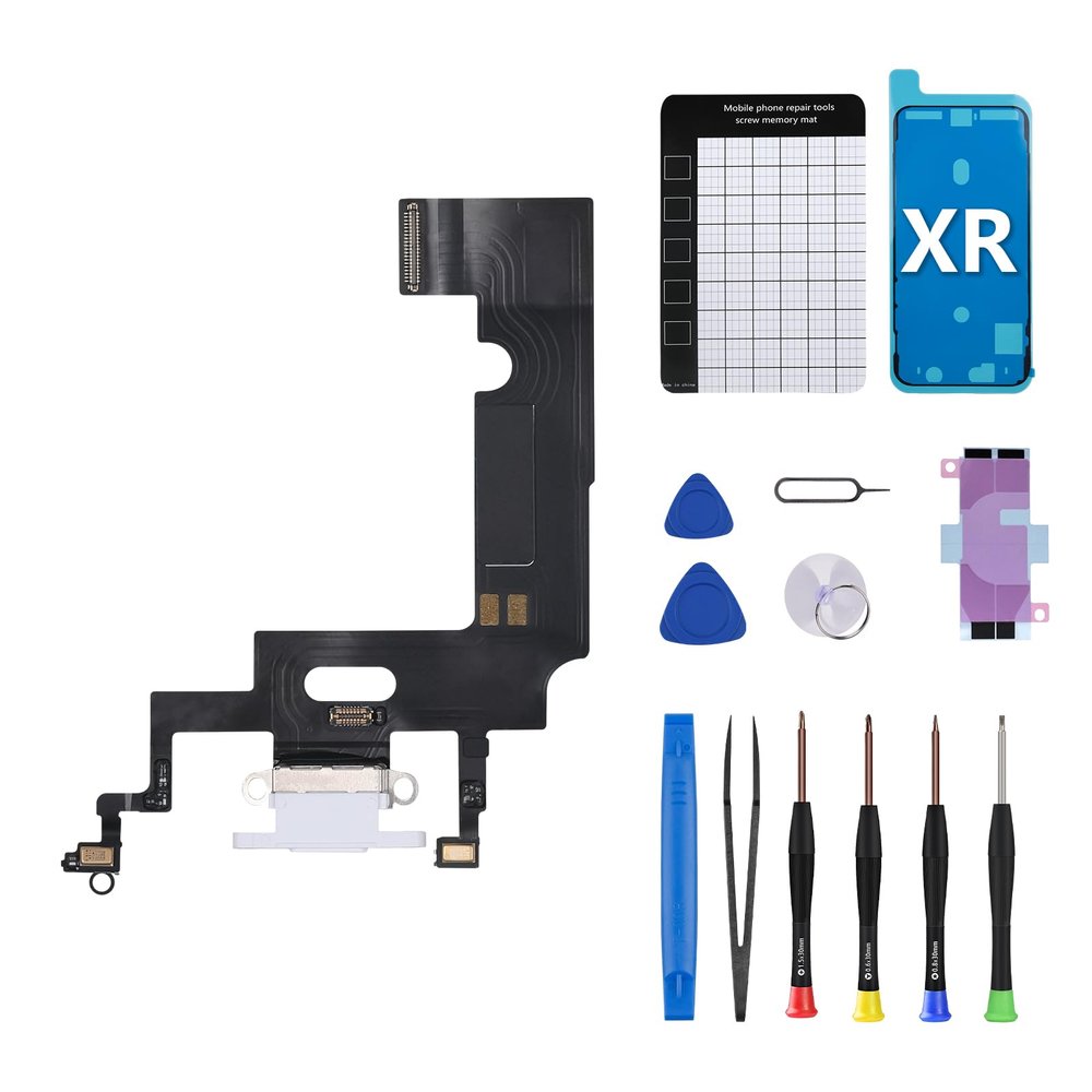 CYKJGS for iPhone XR Charging Port Replacement OEM Headphone Audio Jack Flex Cable USB Charge Dock Connector Assembly Microphone Antanna Repair Tool Kit Magnetic Pad White A1984 A2105 A2106 A2108