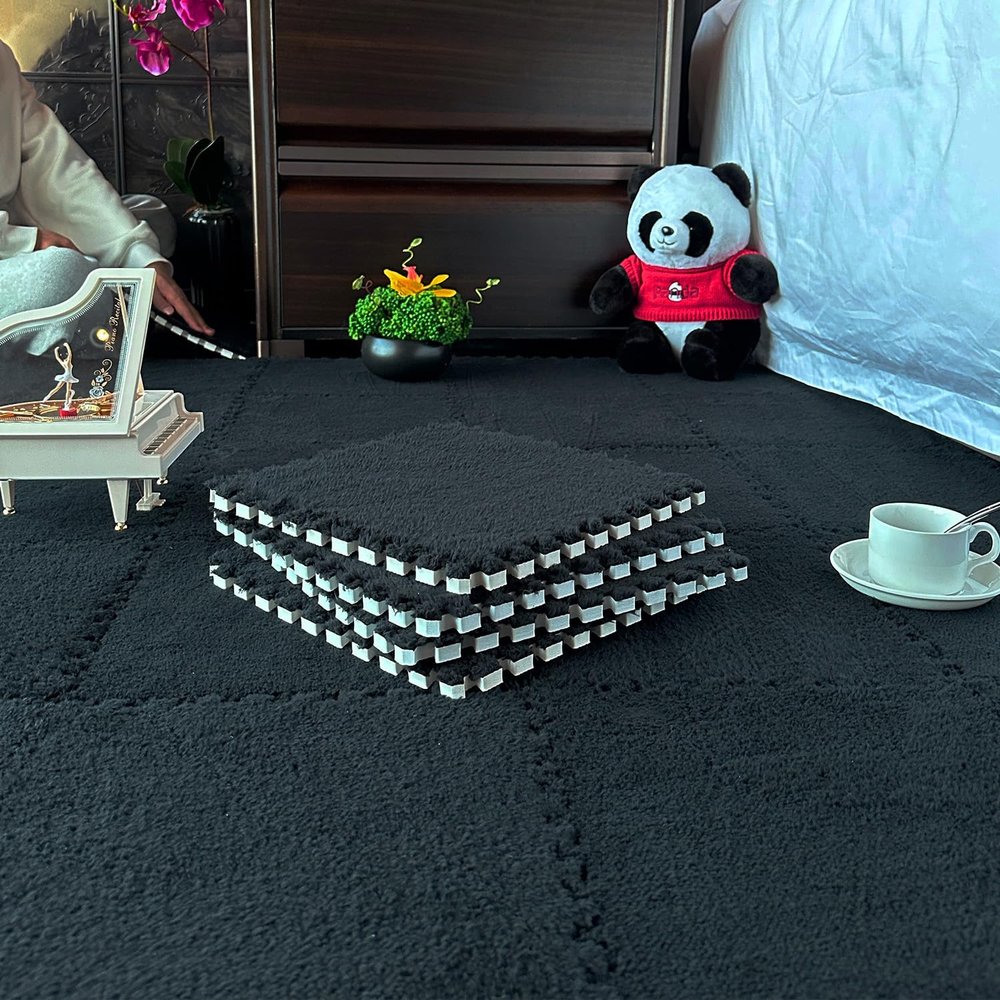 16 Pcs Carpet Foam Floor Tiles Plush Interlocking Carpet Tiles Anti-Slip Soft Playroom Rug 49"x49" Foam Mats Replaceable Washable Puzzle Floor Mats for Bedroom, Home Decor