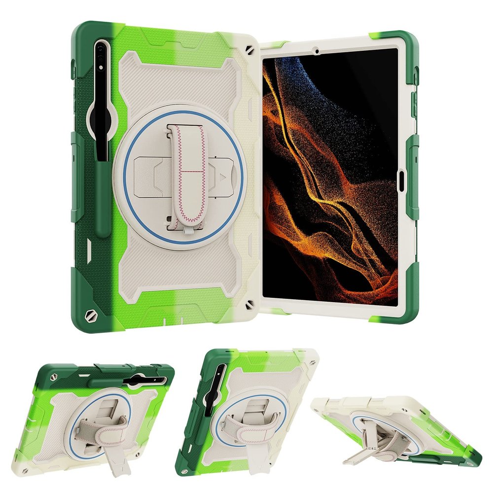 Case Cover Kids Case Compatible with Samsung Galaxy Tab S7 FE 12.4 inch 2021 (SM-T730/T736) ,Multi-Angle Elastic Bracket+360 Adjustable Swivel Hand Strap Three-in-one Shatter-Resistant Shell, Drop-Pr