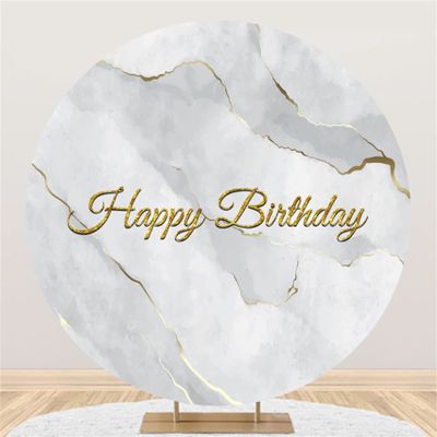 Yeele 6.5x6.5ft Abstract Marble Birthday Backdrop Polyester Grey Gold Marble Texture Round Backdrop Happy Birthday Photography Background for Men Women Bday Party Decoration Dessert Cake Table Banner