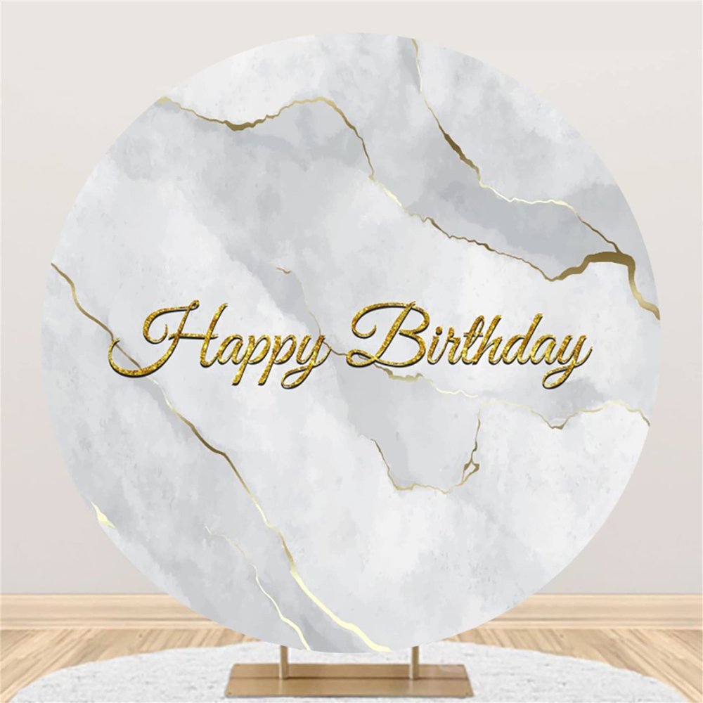 Yeele 6.5x6.5ft Abstract Marble Birthday Backdrop Polyester Grey Gold Marble Texture Round Backdrop Happy Birthday Photography Background for Men Women Bday Party Decoration Dessert Cake Table Banner