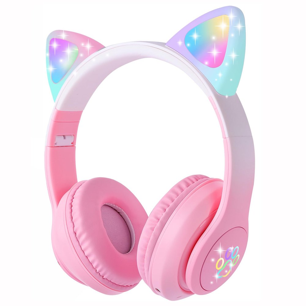 HOYJACY Cat Ear Kids Bluetooth Headphones for Girls Children Teens, LED Light Up Wireless/Wired Mode Foldable Stereo Girls Headphones with Built-in Mic for School Birthday Xmas Gift (Pink)