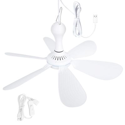 Xindejia USB Powered Small Ceiling Fan 6 Blades Quiet DC 5V USB Hanging Fans for Indoor Outdoor RV Bed Room Dorm Desk Travel Camping Tent Cubicle Mini Portable Canopy Fans - White