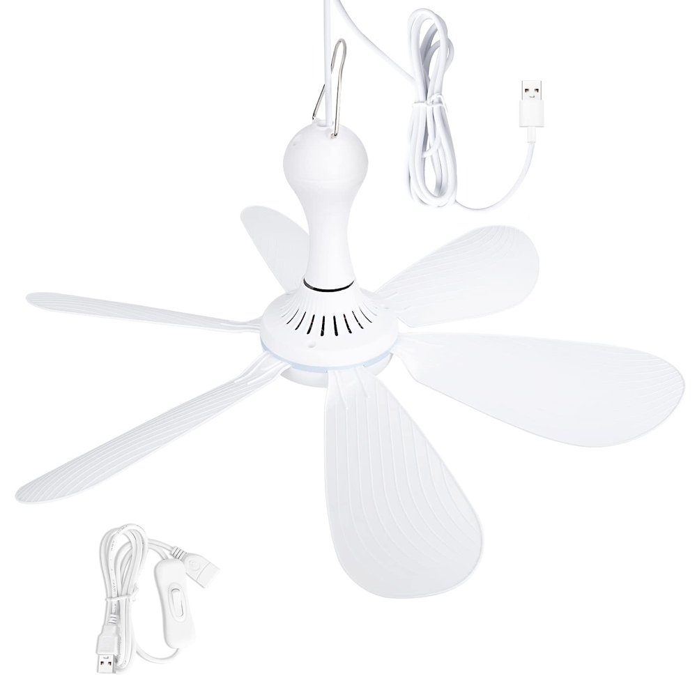 Xindejia USB Powered Small Ceiling Fan 6 Blades Quiet DC 5V USB Hanging Fans for Indoor Outdoor RV Bed Room Dorm Desk Travel Camping Tent Cubicle Mini Portable Canopy Fans - White