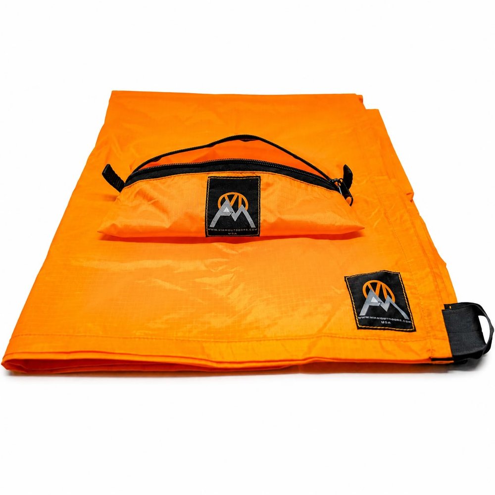 VIAM Outdoors Multi Cloth Waterproof Ultralight Lightweight Backpacking Camping and Survival Tarp | 1.9oz Orange | Measures 54 inches by 72 inches | has Stake Loops and Guy line Loops
