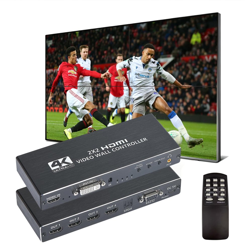 GGrozza Video Wall Controller, 4K 2X2 TV Wall Processor with HDMI+DVI+RS232 Input, Support 180 Rotate, 4 HDMI Output Support Images Stitching 1x2 1x3 1x4 4x1 etc