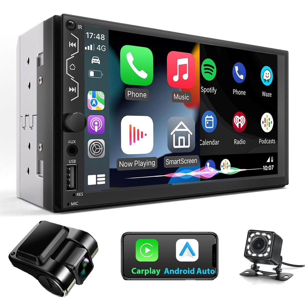 Double Din Car Stereo with Dash Cam,Compatible with Apple Carplay,Android Auto,7 inch Touch Screen Car Radio with Backup Camera Bluetooth Support Mirror Link Navigation FM Radio