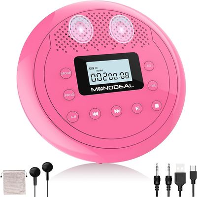 4  MONODEAL Rechargeable CD Player with Speakers, Anti-Skip CD Player for Car and Home, Portable Player with Headphones for Audio Book Music (Rose Red)