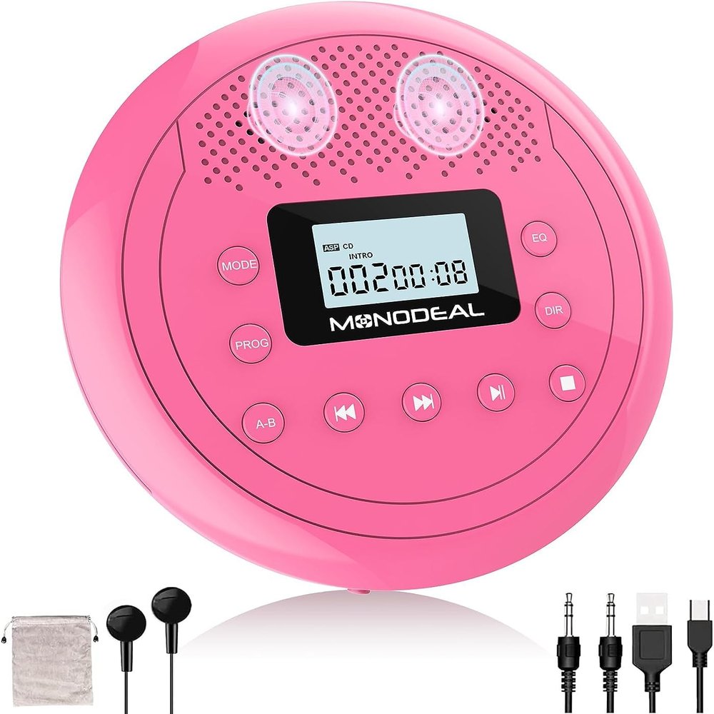 4  MONODEAL Rechargeable CD Player with Speakers, Anti-Skip CD Player for Car and Home, Portable Player with Headphones for Audio Book Music (Rose Red)