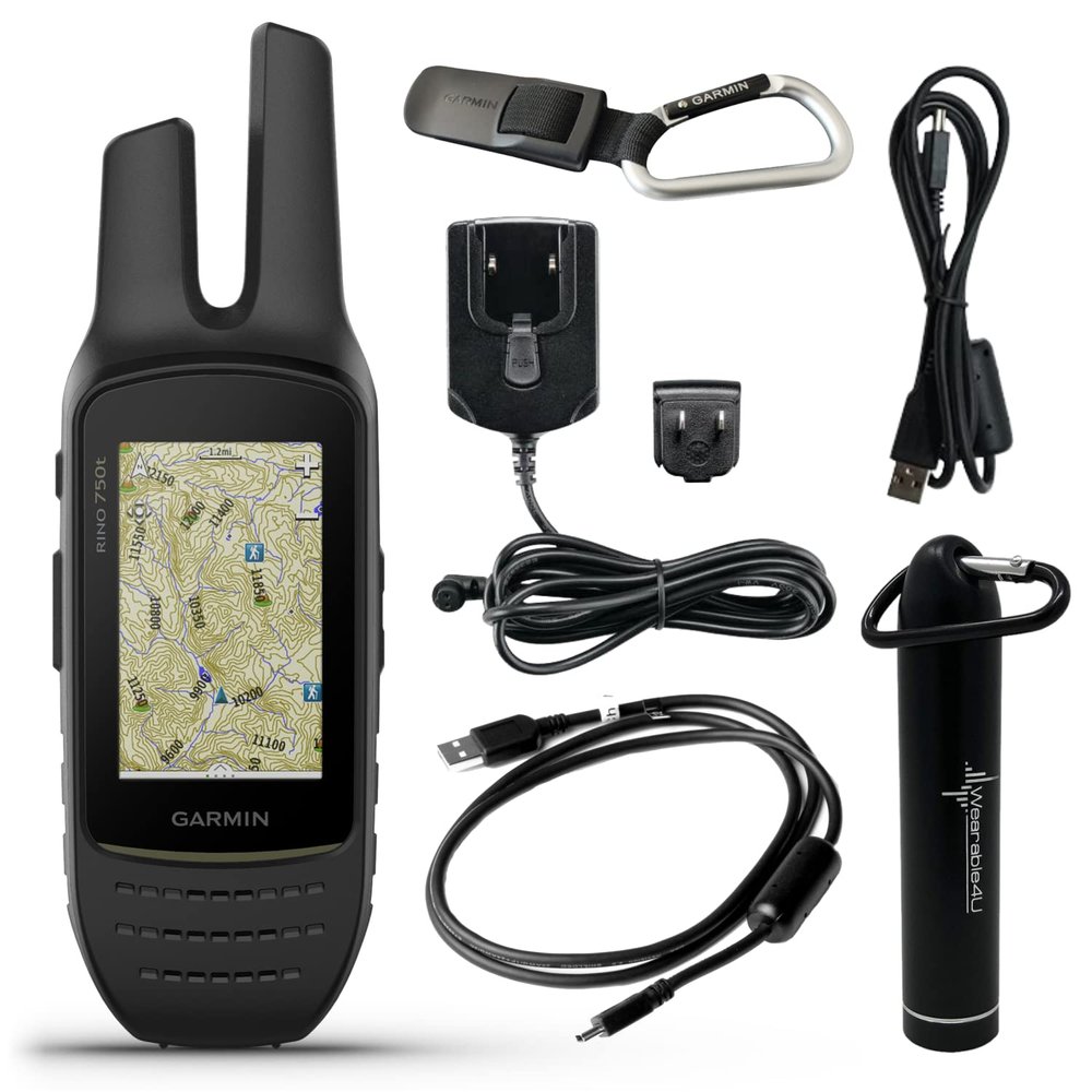 Wearable4U - Garmin Rino 750t Two-Way Radio Navigator with Topo Mapping with E-Bank Bundle