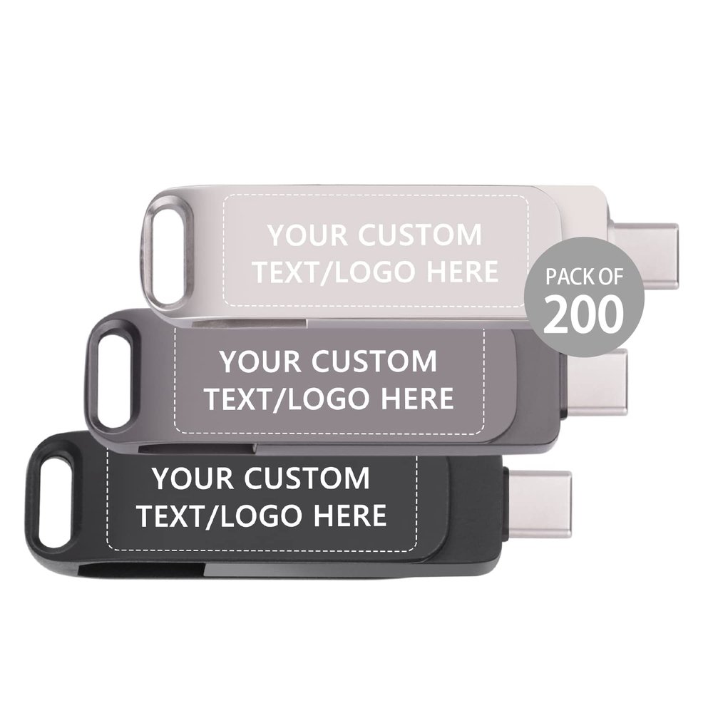 Paintechz Custom USB Type C Flash Drives 200 Pack Bulk, Personalized Logo or Text - as Company Gifts and Promotional Giveaways - 16GB