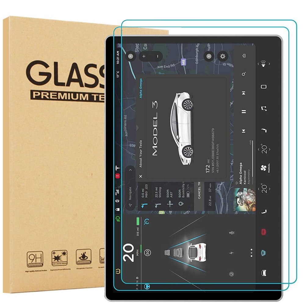 [2 Pack] EpicGadget Glass Screen Protector For Tesla Model 3, Model Y 15" Inch (2017-2023) Center Control Touchscreen Car Navigation - Anti Scratch 9H Hardness Tempered Glass Screen Protector