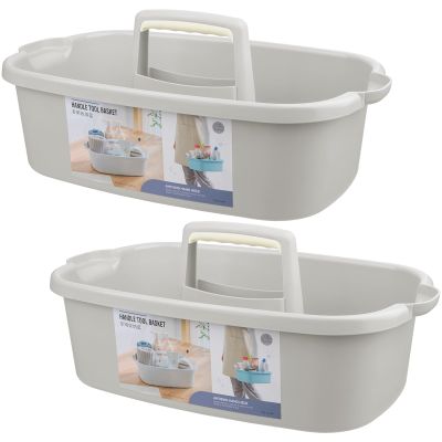 JiatuA Large Cleaning Supplies Caddy Portable Shower Basket Supply Organizer with Handle Plastic Bucket Tool Storage for Bathroom, Bedroom, Kitchen, College Dorm, Garden, Light Gray 2 Pack