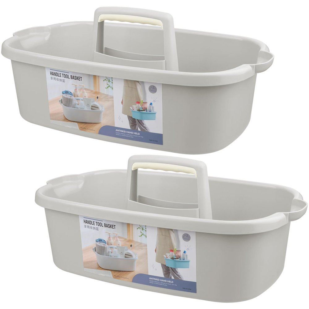 JiatuA Large Cleaning Supplies Caddy Portable Shower Basket Supply Organizer with Handle Plastic Bucket Tool Storage for Bathroom, Bedroom, Kitchen, College Dorm, Garden, Light Gray 2 Pack