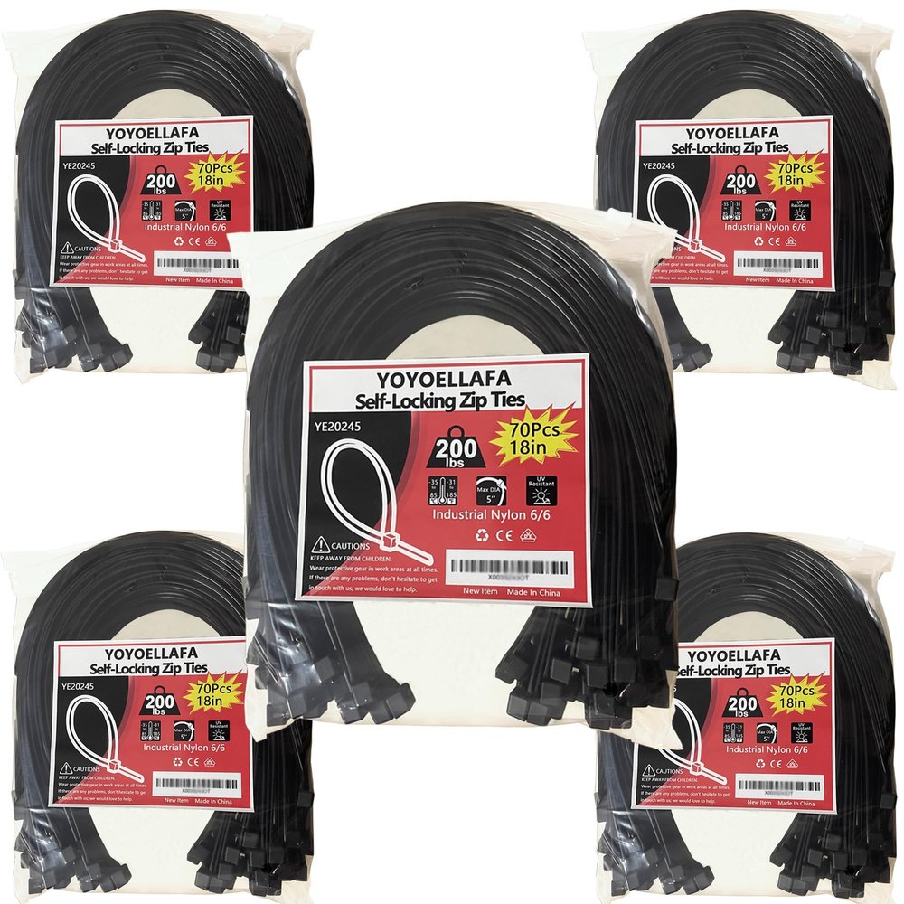 200lb Zip Ties Heavy Duty 18 Inch 350pcs, Large Black Cable Tie, Thick Heat Resistant Zipties, Big Wide Wire Ties, Industrial Tie Wraps for Outdoor Use