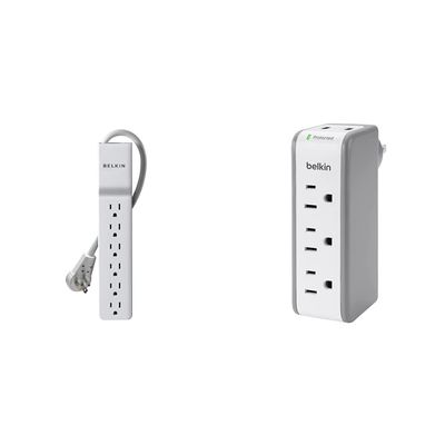 Belkin 6-Outlet Slimline Power Strip Surge Protector, 6ft Cord and Rotating Plug, 700 Joules, White & Wall Mount Surge Protector w/ 3 AC Multi Outlets & 2 USB Ports, 918 Joules
