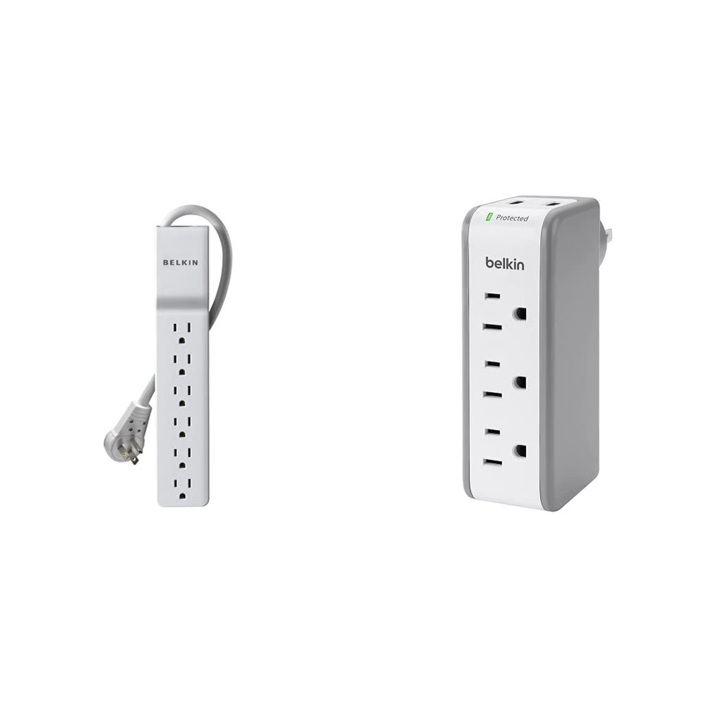 Belkin 6-Outlet Slimline Power Strip Surge Protector, 6ft Cord and Rotating Plug, 700 Joules, White & Wall Mount Surge Protector w/ 3 AC Multi Outlets & 2 USB Ports, 918 Joules