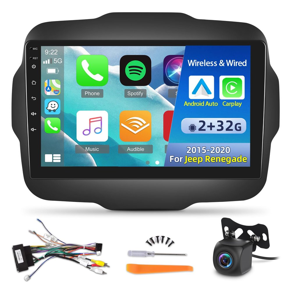 Android Car Radio for Jeep Renegade 2015-2020 with DSP, Wireless Apple Carplay and Android Auto 9 inch Touchscreen Stereo GPS WiFi SWC Sub + AHD Backup Camera 2+64G