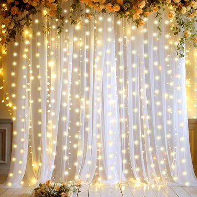 10ft x 10ft White Sheer Tulle Backdrop Curtains with Lights String for Party Wedding Wrinkle Free Curtain Backdrops Drapes for Baby Shower Birthday Party Photo Back Drop Background Home Decorations